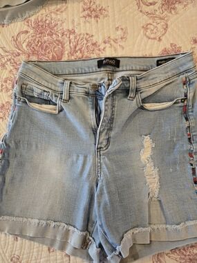 Buffalo David Bitton Light Blue Distressed Denim Shorts with Colorful Side Trim